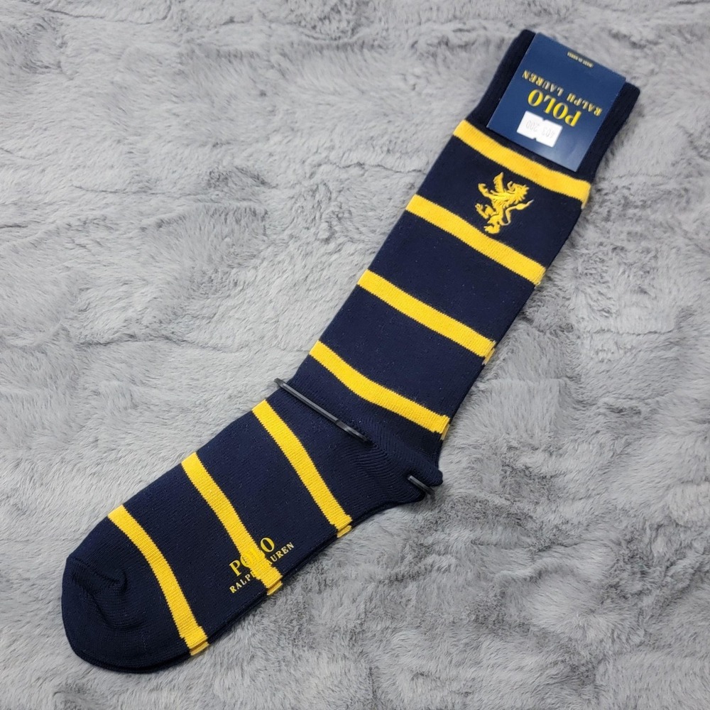 Polo Ralph Lauren Socks Mens One Size Navy Yellow Rugby Stripe Lion Crest Crew